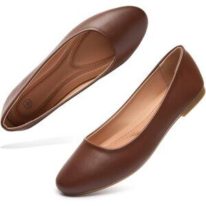 Women's Brown PU Leather Closed Toe Slip on Comfortable Ballet Flats Shoes